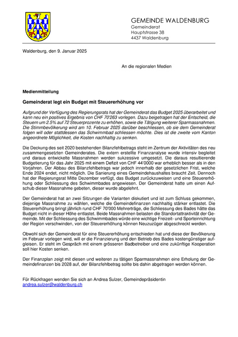 Medienmitteilung Budget Waldenburg 2025